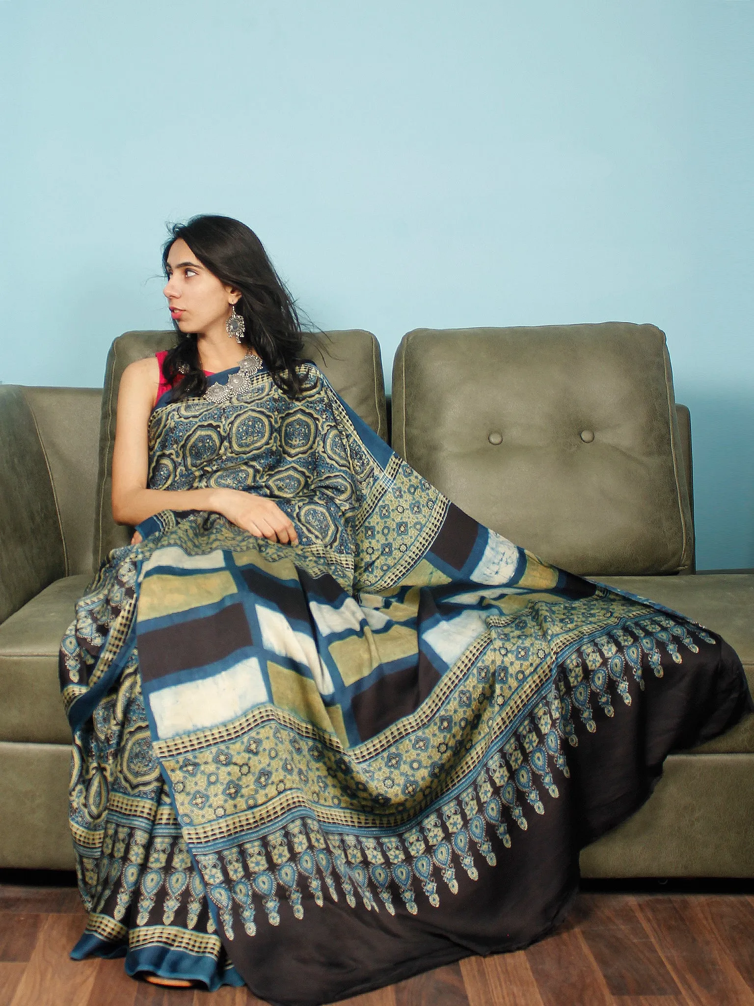 Indigo Black Fern Green Ajrakh Hand Block Printed Modal Silk Saree in Natural Colors - S031703352