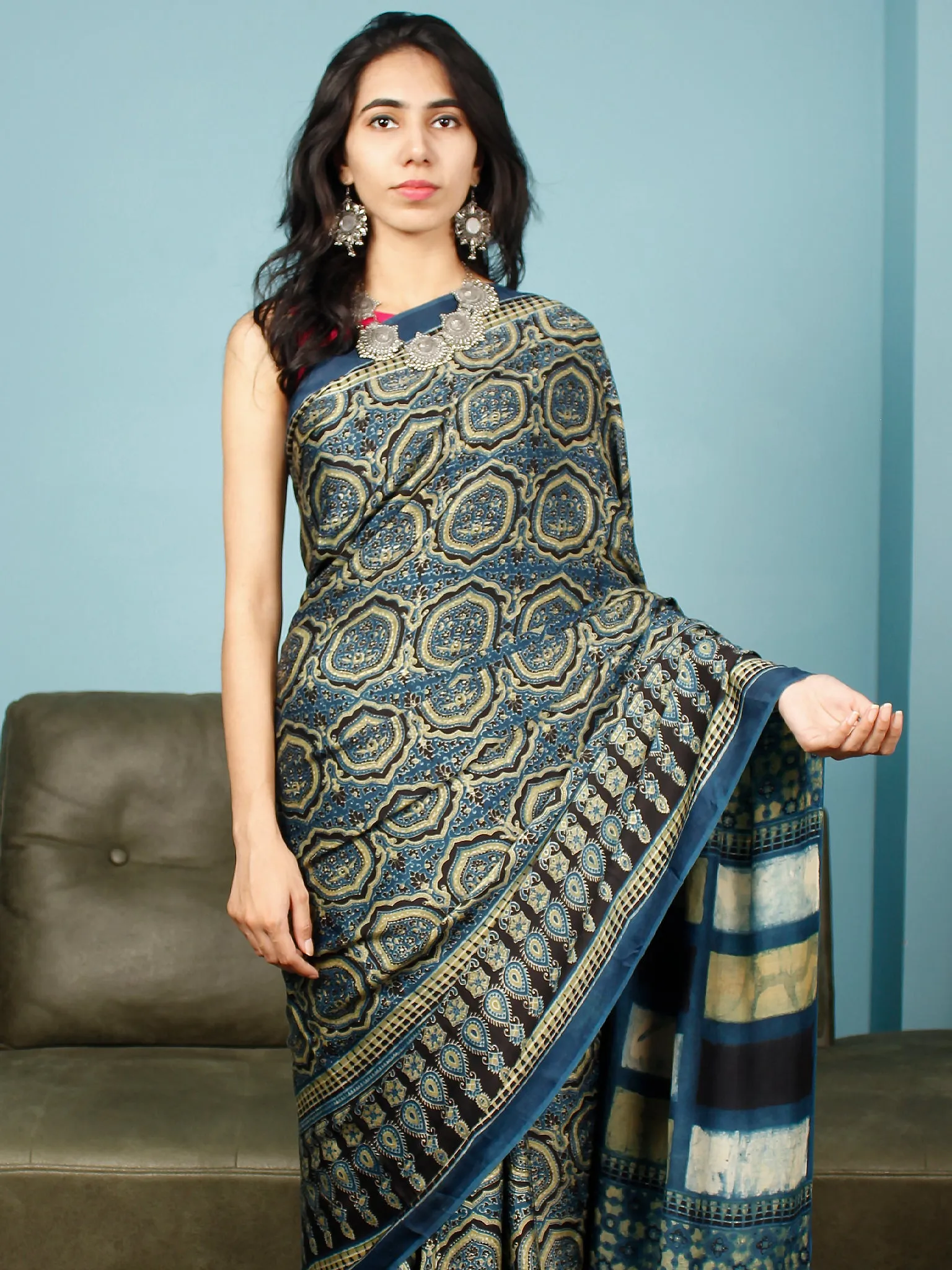 Indigo Black Fern Green Ajrakh Hand Block Printed Modal Silk Saree in Natural Colors - S031703352