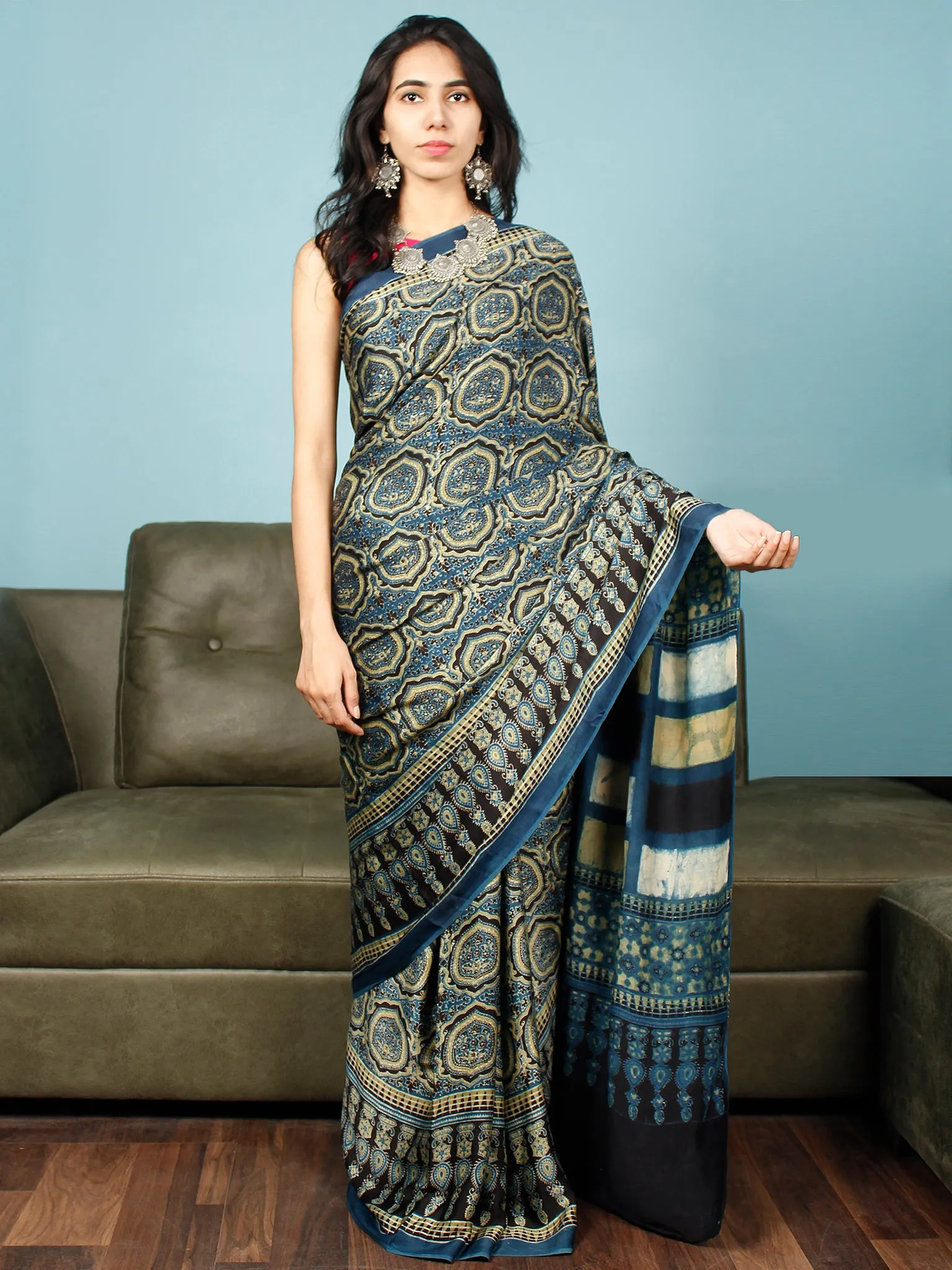 Indigo Black Fern Green Ajrakh Hand Block Printed Modal Silk Saree in Natural Colors - S031703352