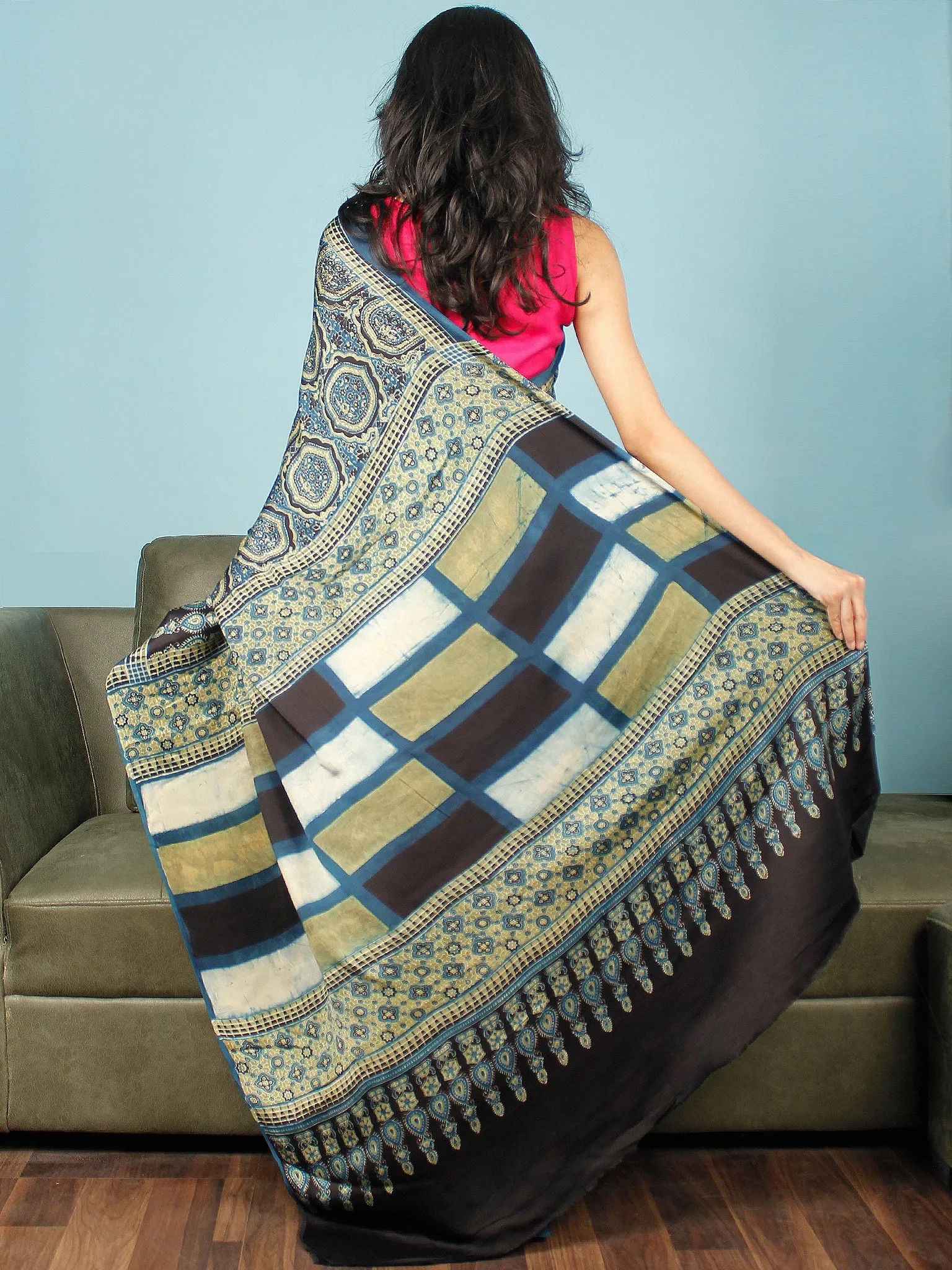 Indigo Black Fern Green Ajrakh Hand Block Printed Modal Silk Saree in Natural Colors - S031703352
