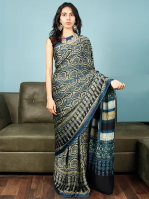Indigo Black Fern Green Ajrakh Hand Block Printed Modal Silk Saree in Natural Colors - S031703352