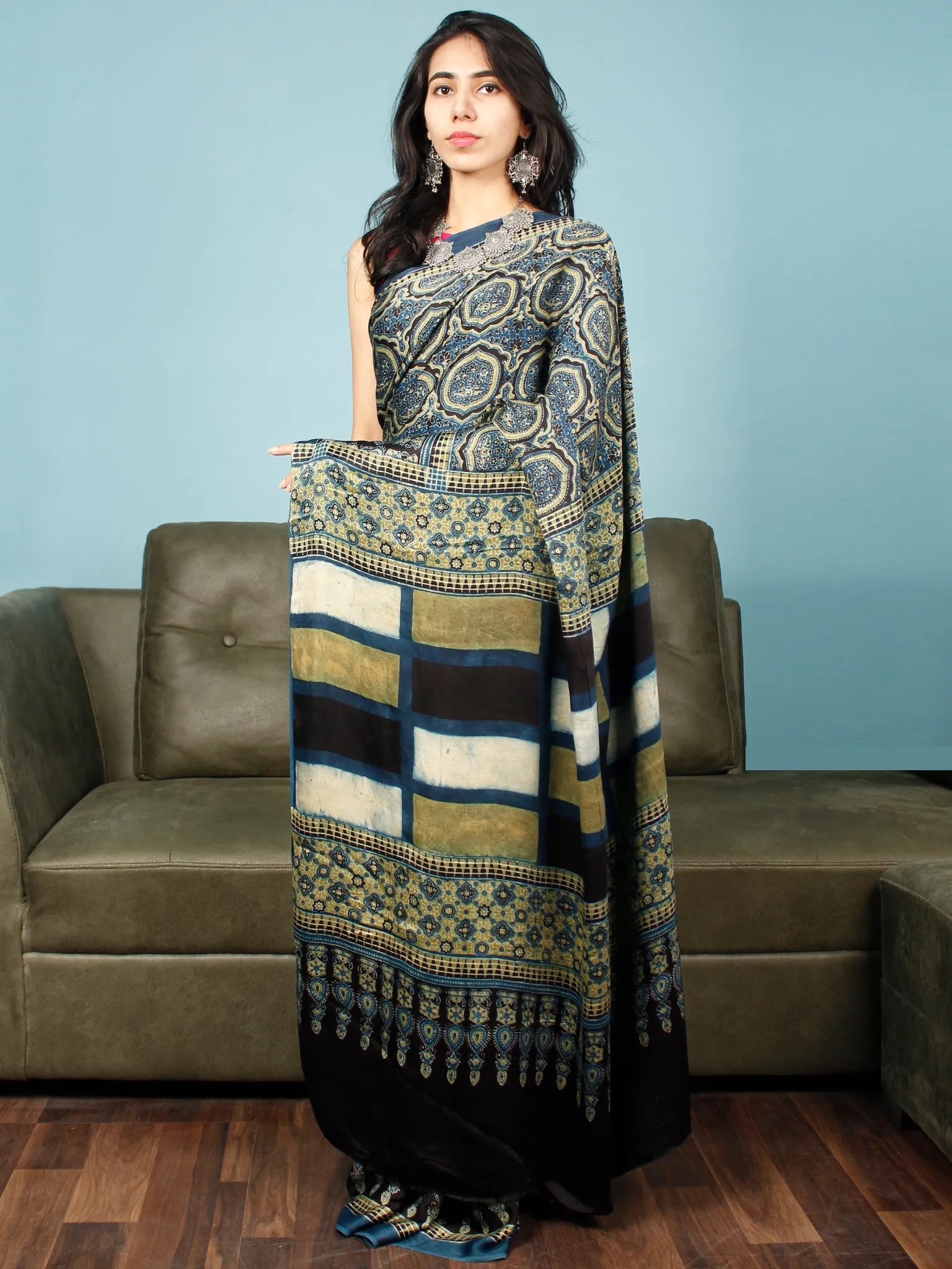 Indigo Black Fern Green Ajrakh Hand Block Printed Modal Silk Saree in Natural Colors - S031703352