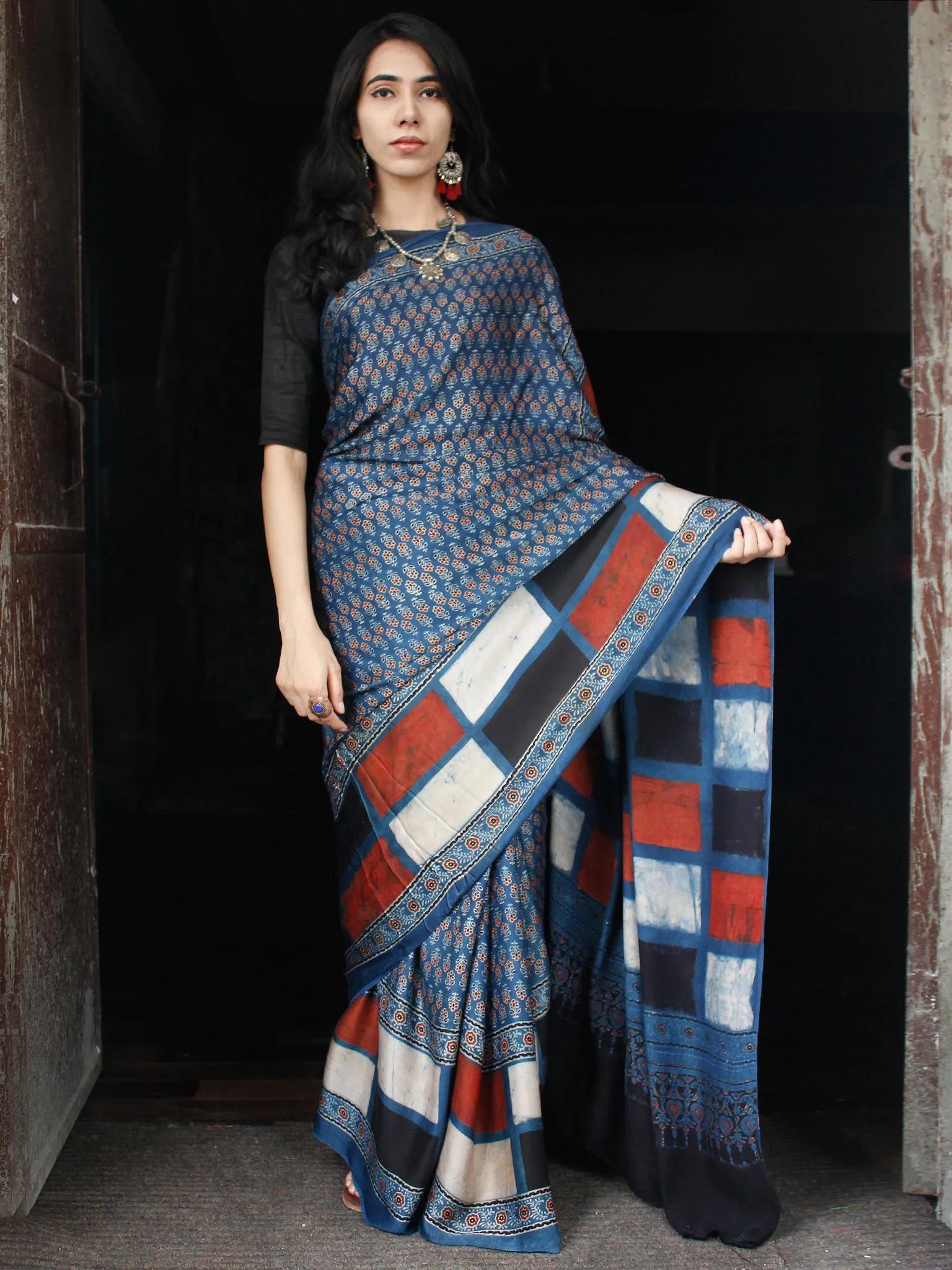 Indigo Black White Brick Red Ajrakh Hand Block Printed Modal Silk Saree in Natural Colors - S031703511