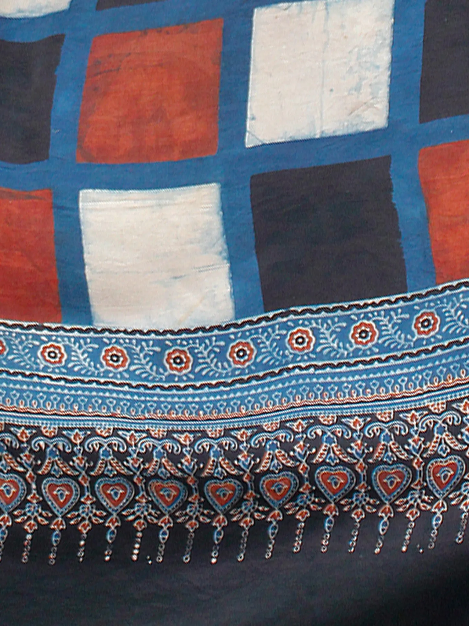 Indigo Black White Brick Red Ajrakh Hand Block Printed Modal Silk Saree in Natural Colors - S031703511