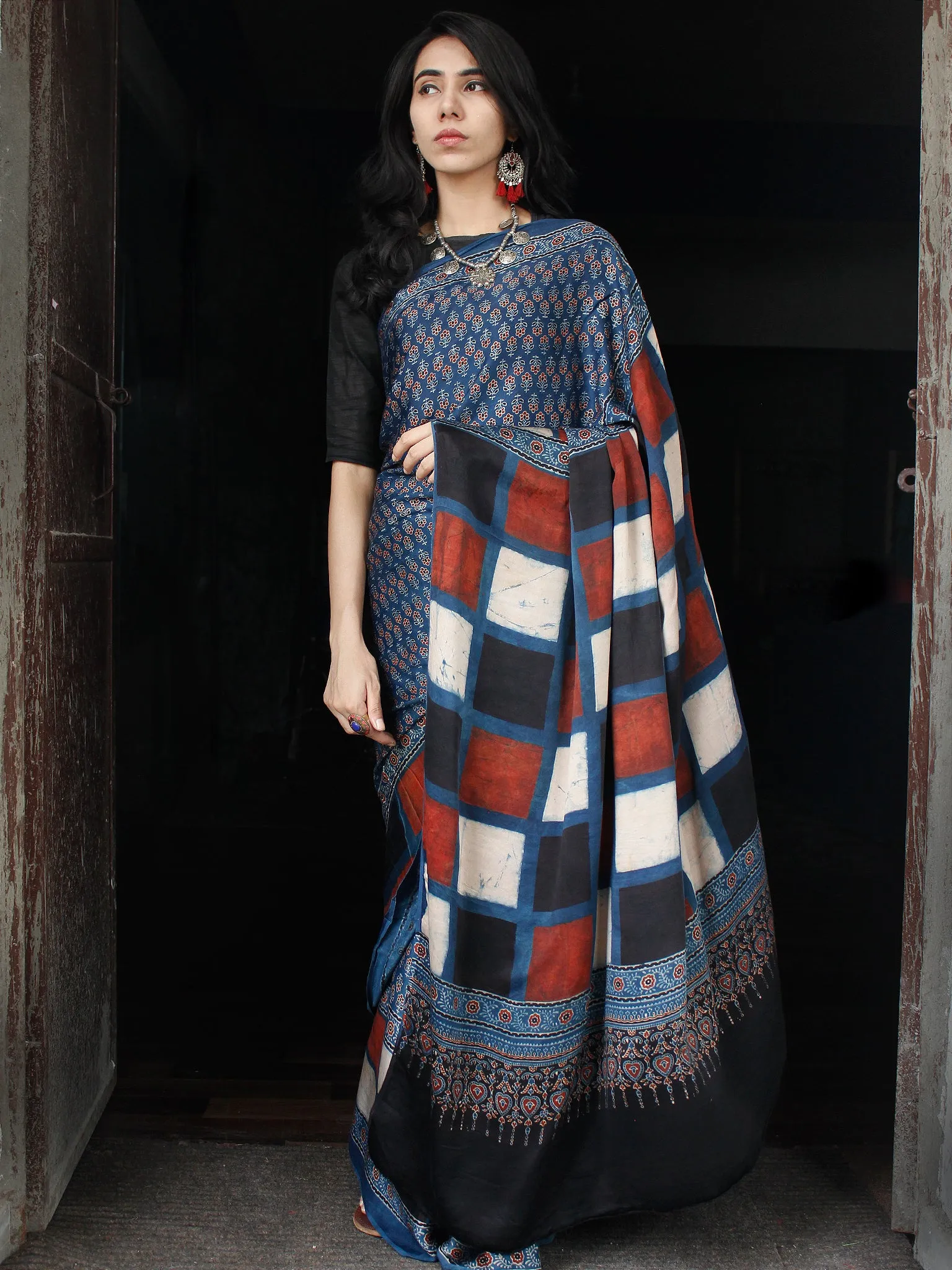 Indigo Black White Brick Red Ajrakh Hand Block Printed Modal Silk Saree in Natural Colors - S031703511