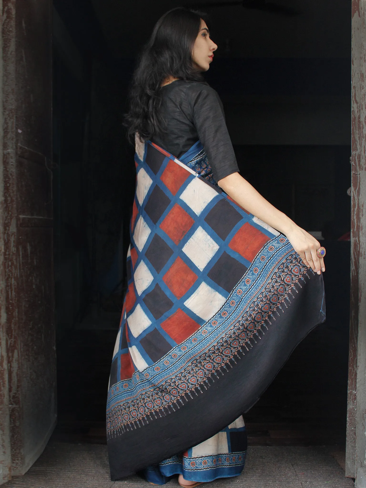 Indigo Black White Brick Red Ajrakh Hand Block Printed Modal Silk Saree in Natural Colors - S031703511