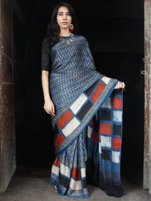 Indigo Black White Brick Red Ajrakh Hand Block Printed Modal Silk Saree in Natural Colors - S031703511