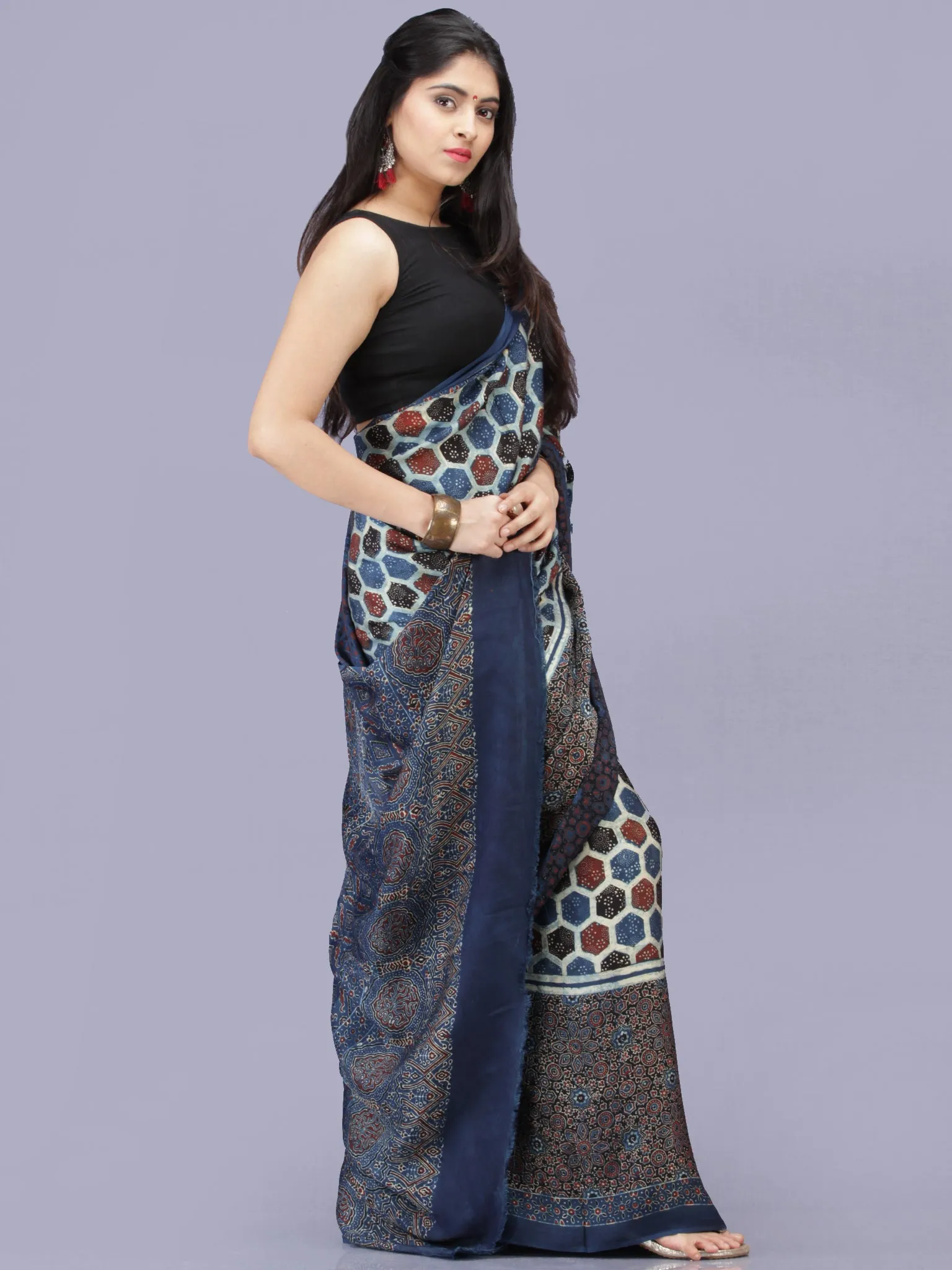 Indigo Ivory Red Black Ajrakh Hand Block Printed Modal Silk Saree - S031704194