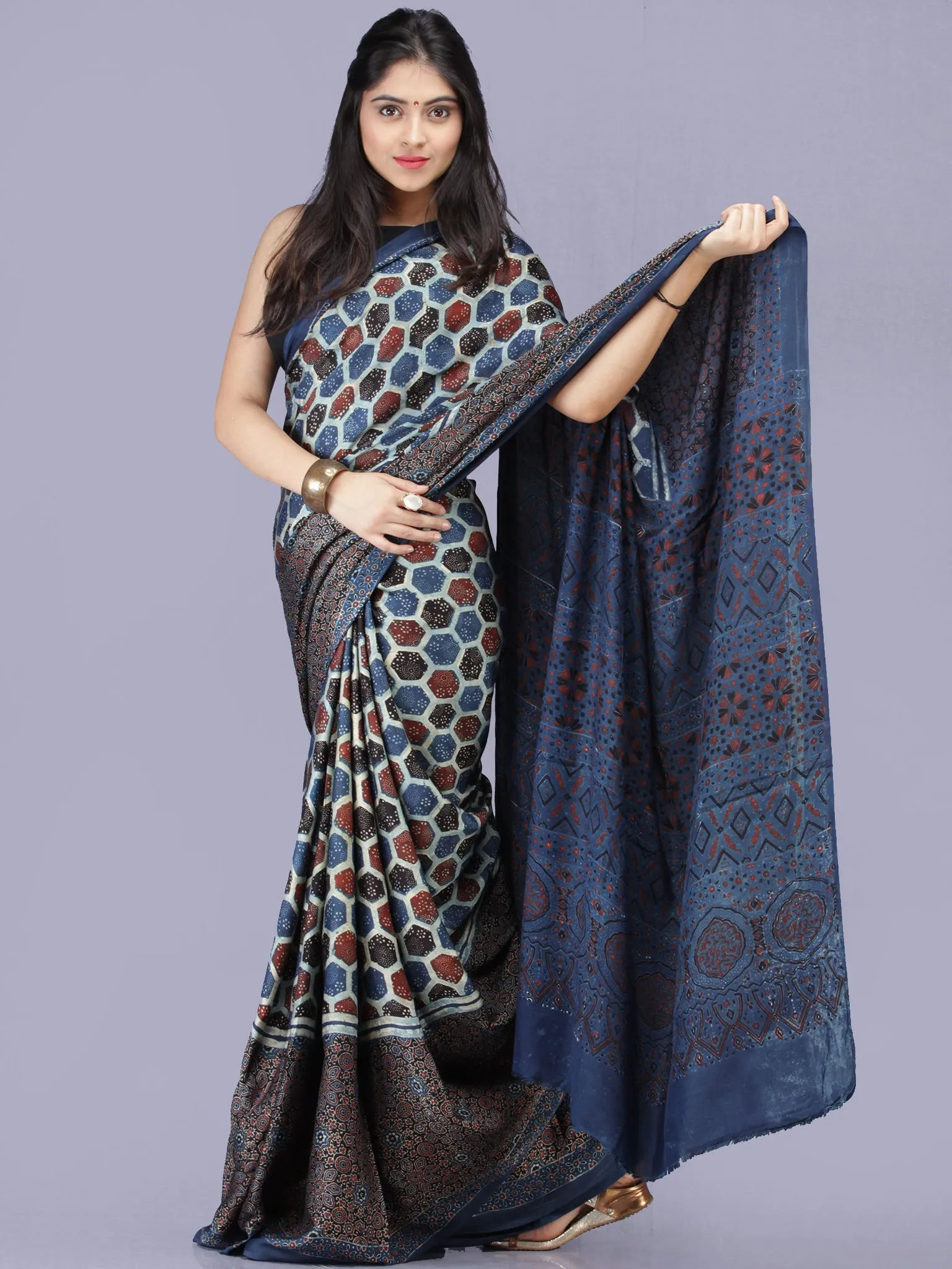 Indigo Ivory Red Black Ajrakh Hand Block Printed Modal Silk Saree - S031704194