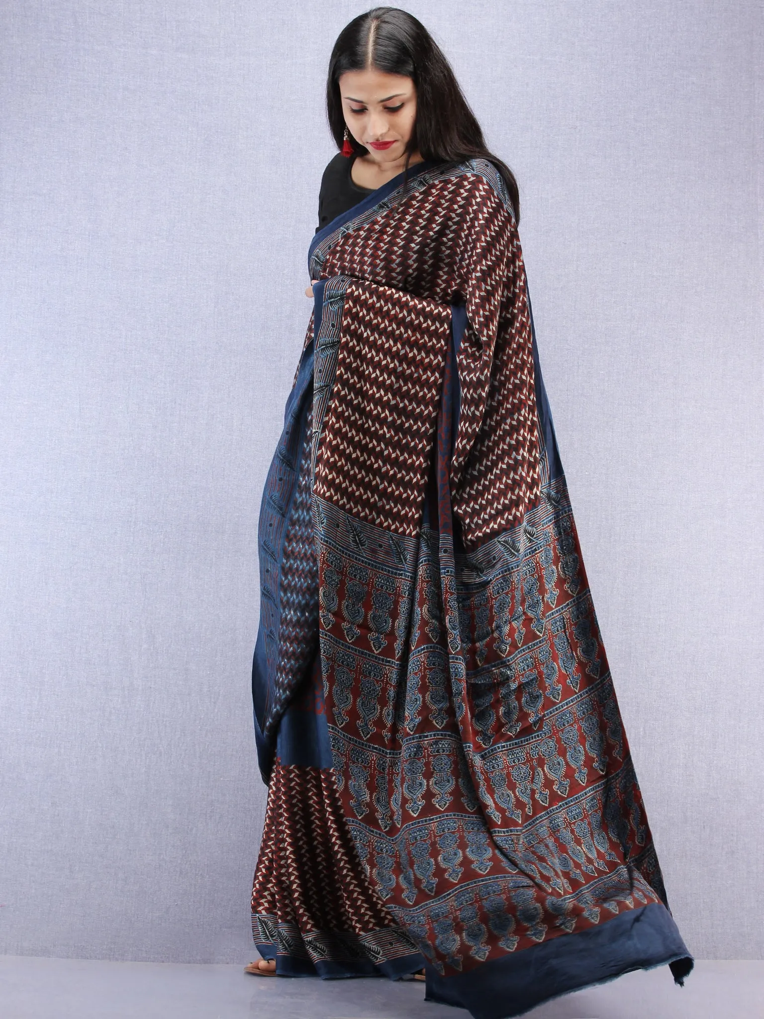Indigo Maroon Beige Ajrakh Hand Block Printed Modal Silk Saree - S031704447