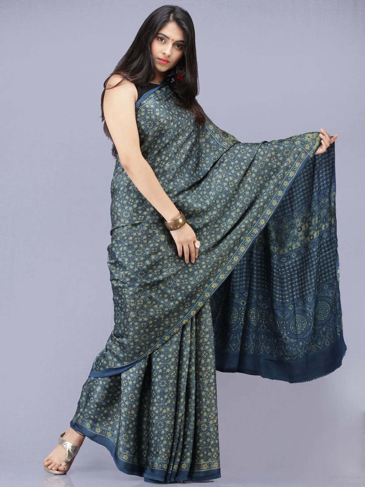 Indigo Olive Green Ajrakh Hand Block Printed Modal Silk Saree - S031704190