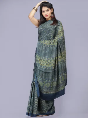 Indigo Olive Green Ajrakh Hand Block Printed Modal Silk Saree - S031704190