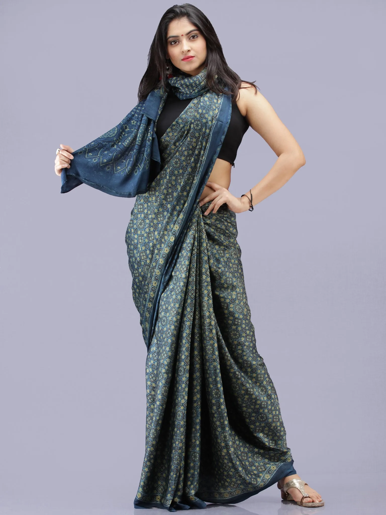 Indigo Olive Green Ajrakh Hand Block Printed Modal Silk Saree - S031704190