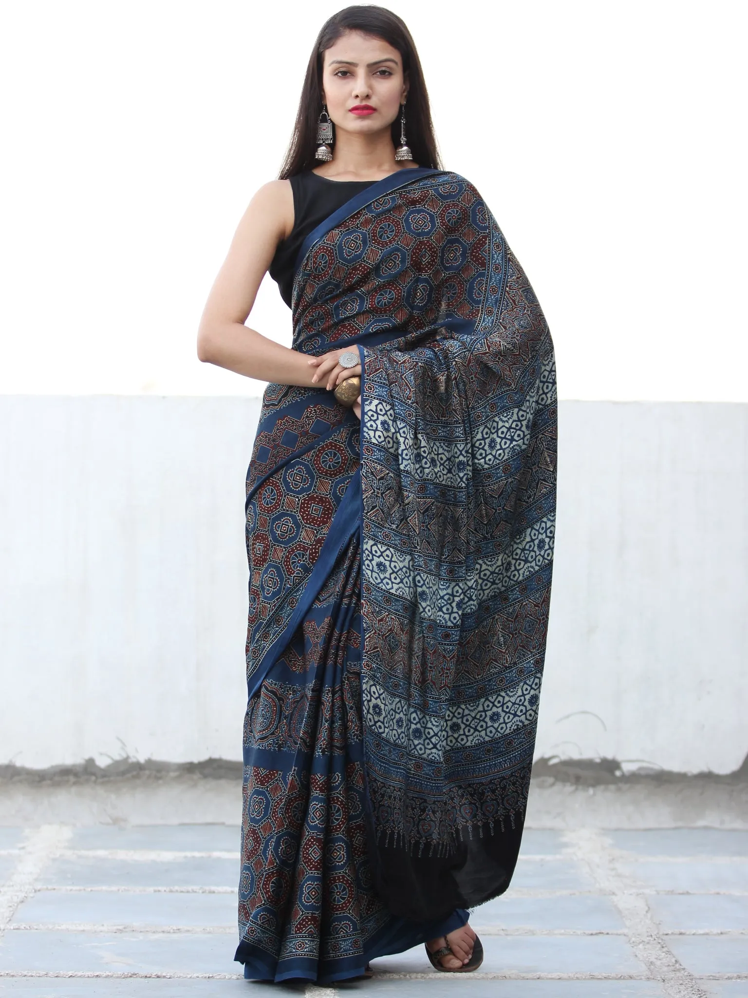 Indigo Rust Black Ajrakh Hand Block Printed Modal Silk Saree  - S031703909