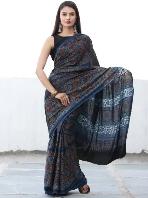 Indigo Rust Black Ajrakh Hand Block Printed Modal Silk Saree  - S031703909