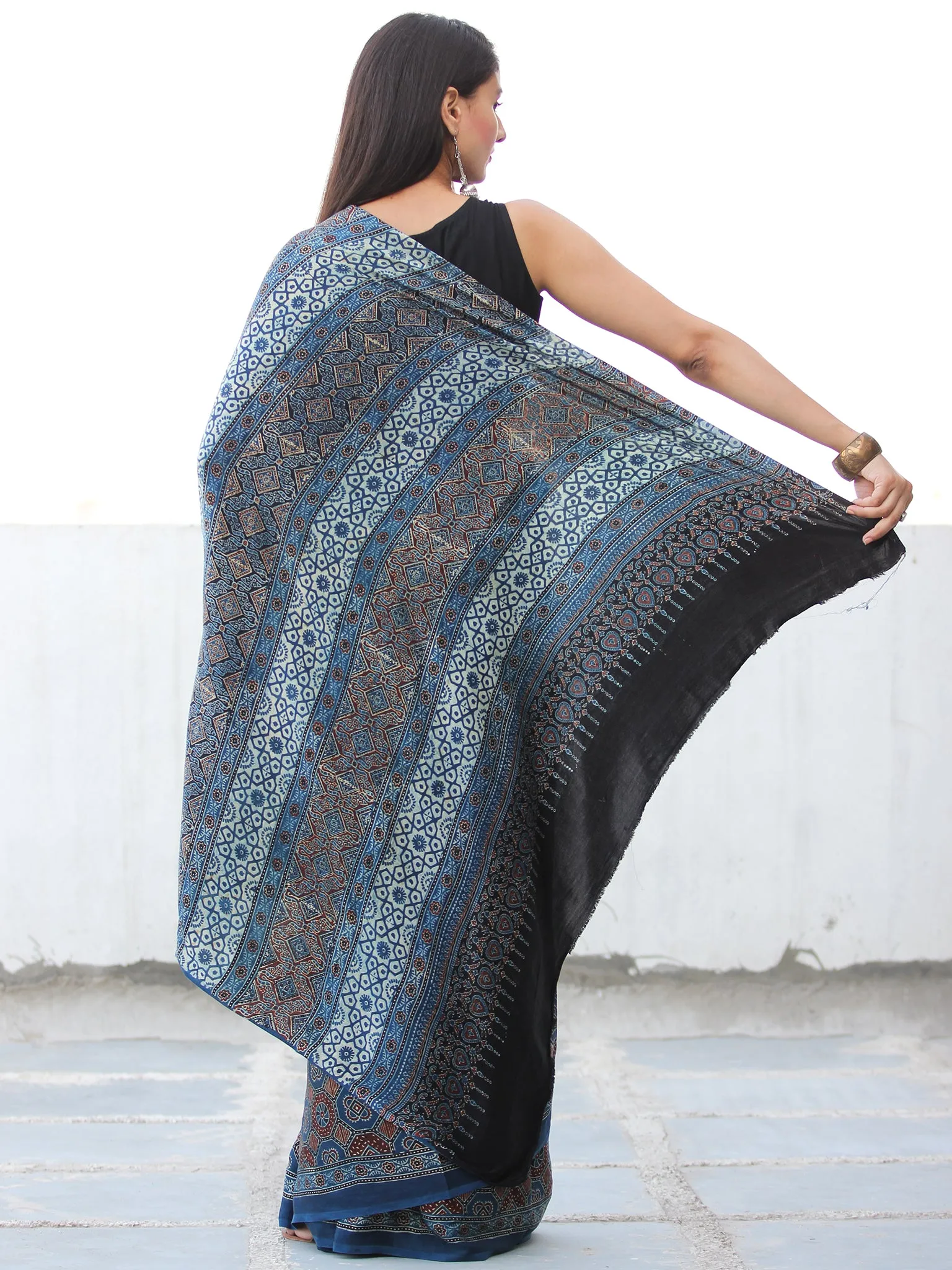 Indigo Rust Black Ajrakh Hand Block Printed Modal Silk Saree  - S031703909