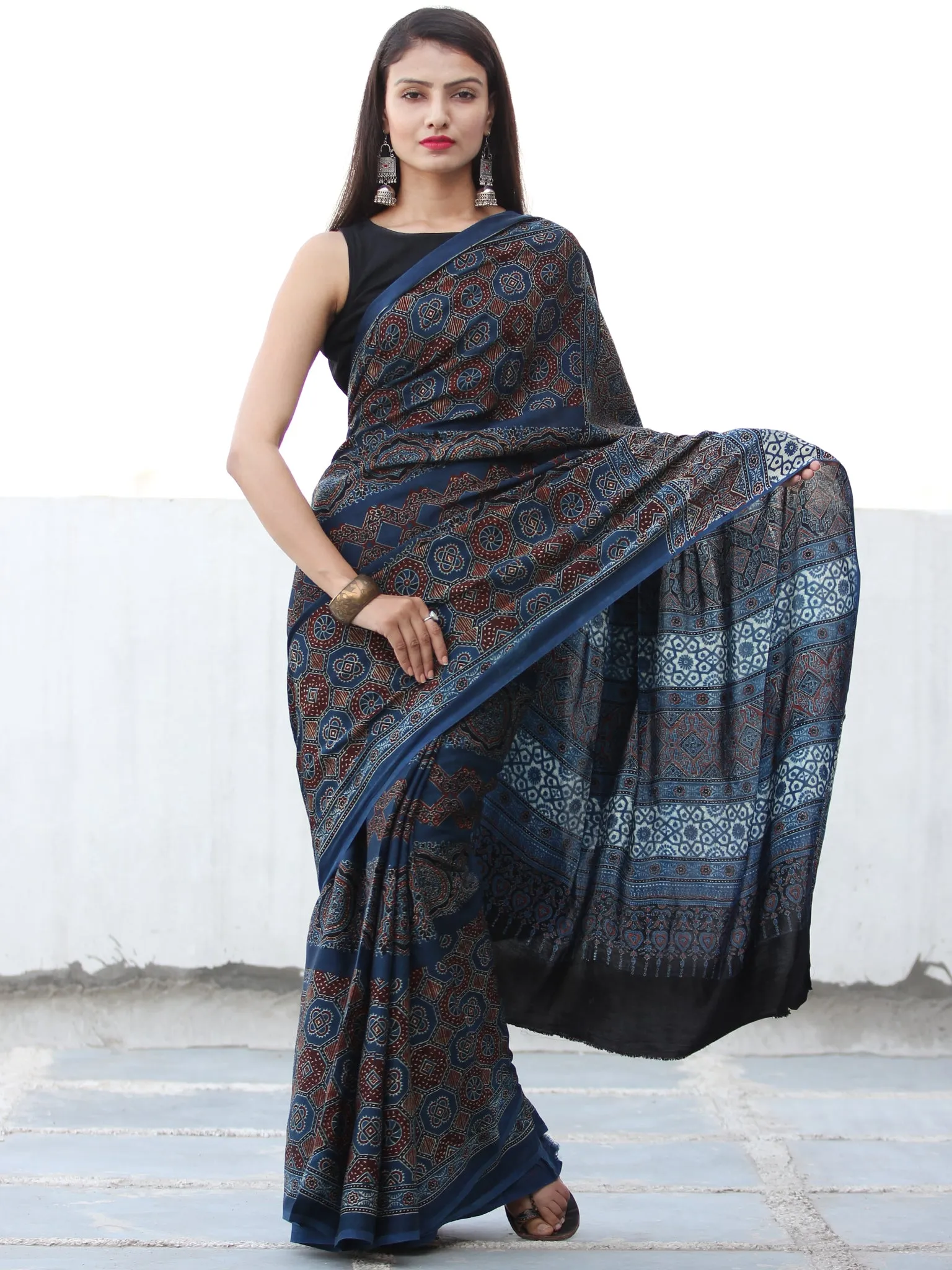 Indigo Rust Black Ajrakh Hand Block Printed Modal Silk Saree  - S031703909