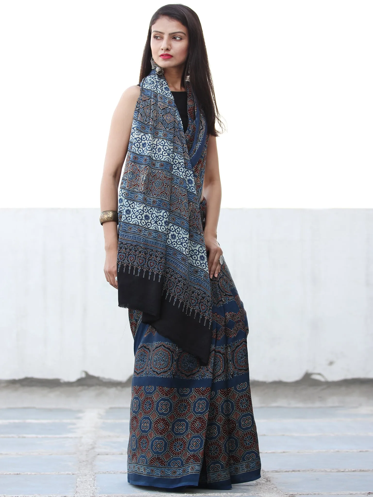 Indigo Rust Black Ajrakh Hand Block Printed Modal Silk Saree  - S031703909