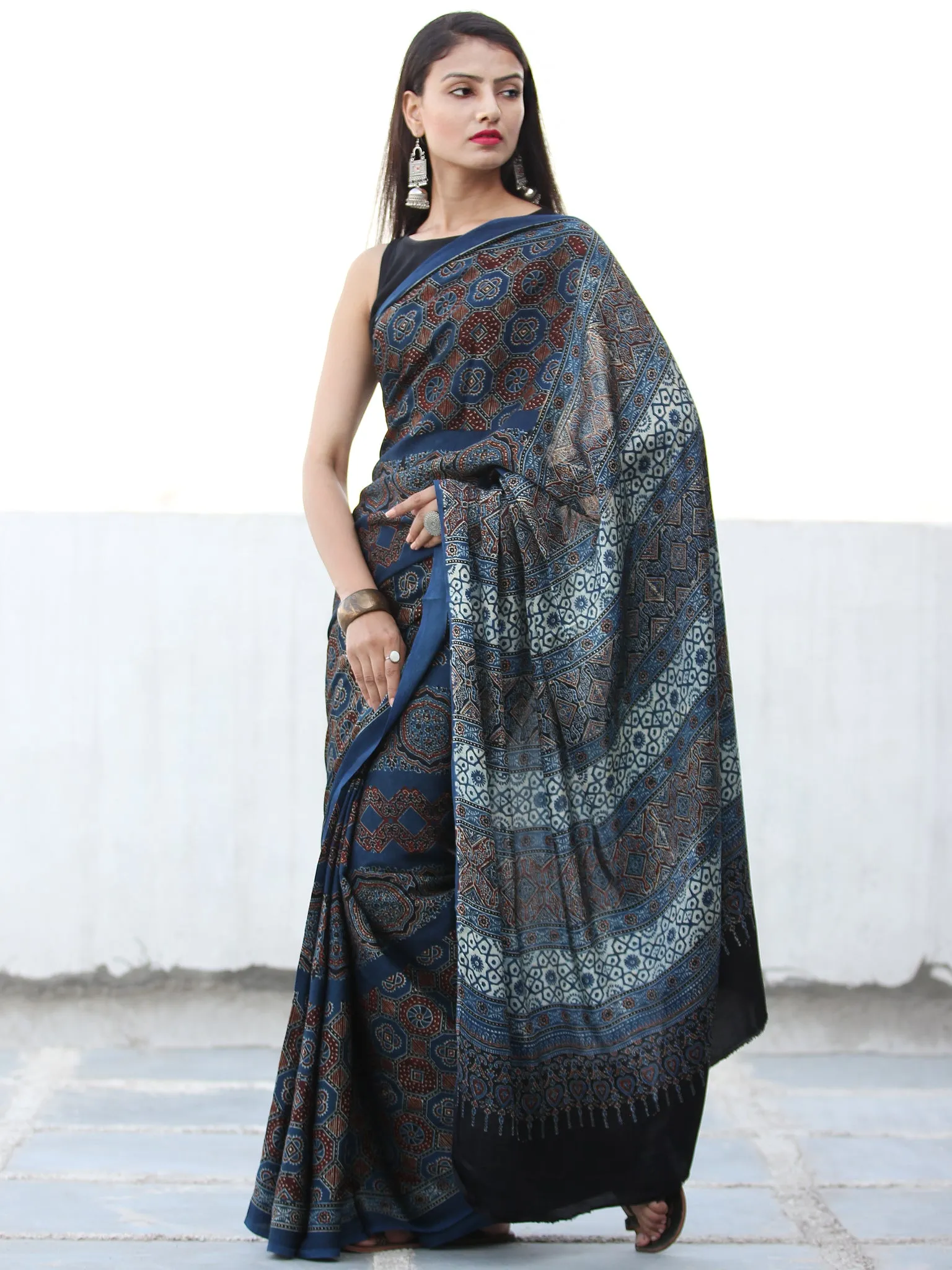 Indigo Rust Black Ajrakh Hand Block Printed Modal Silk Saree  - S031703909