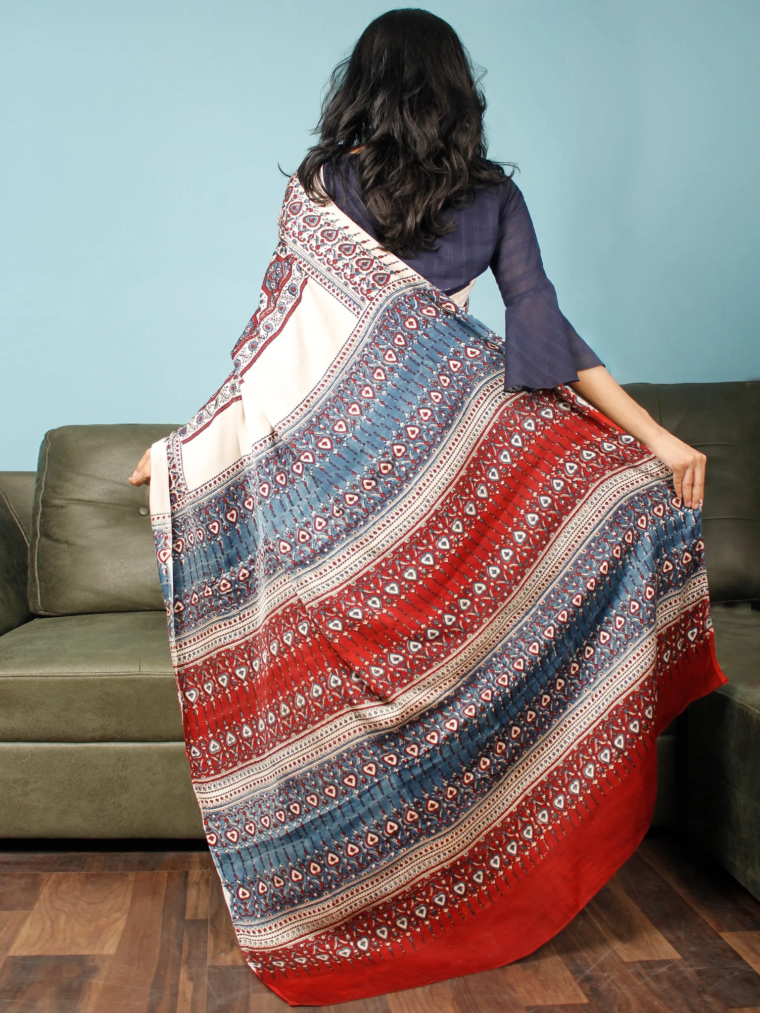 Ivory Indigo Red Ajrakh Hand Block Printed Modal Silk Saree in Natural Colors - S031703372