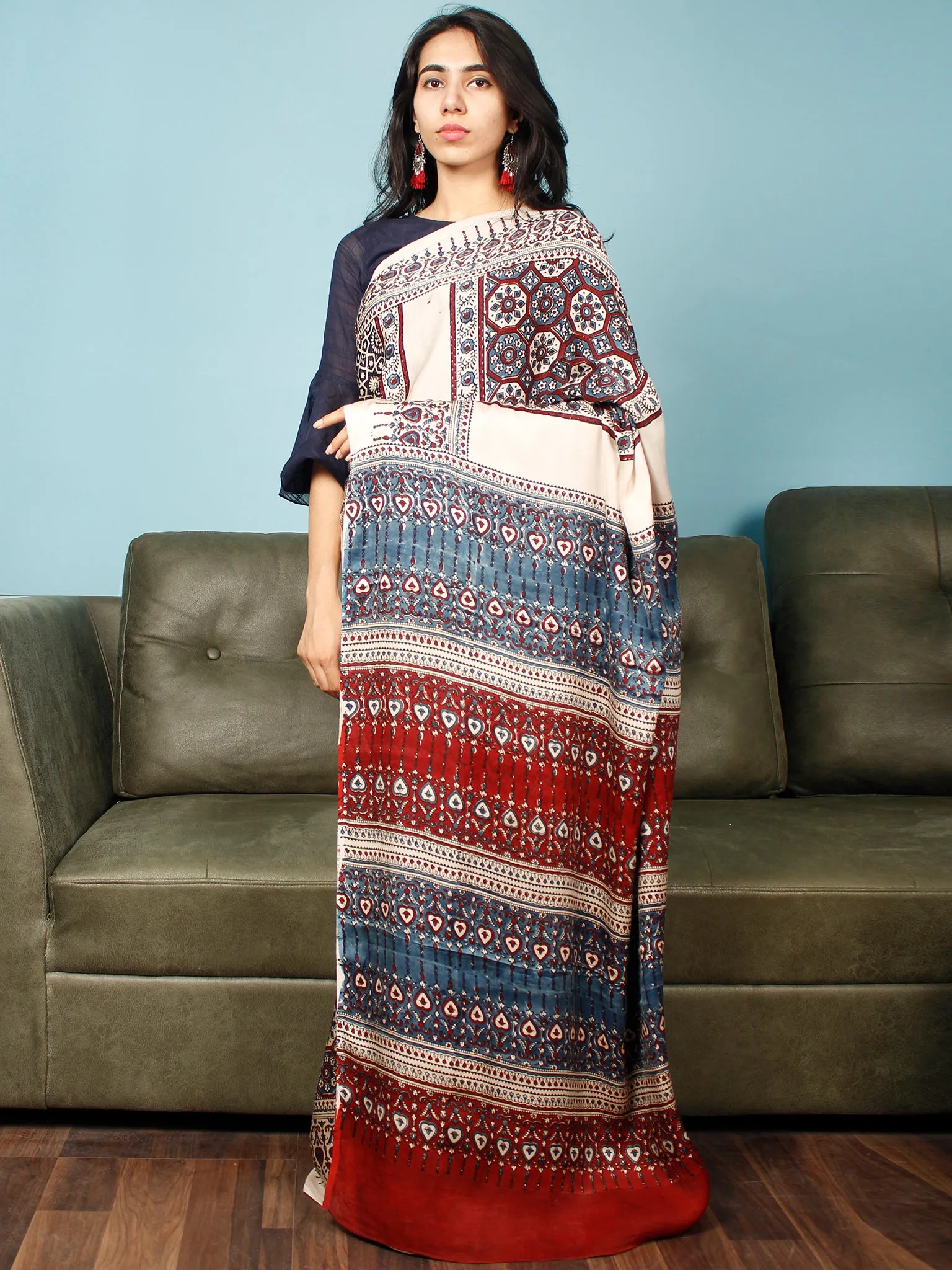 Ivory Indigo Red Ajrakh Hand Block Printed Modal Silk Saree in Natural Colors - S031703372