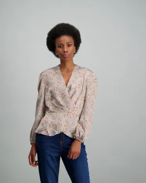 Ladies-Satin Wrap Blouse  - Grey