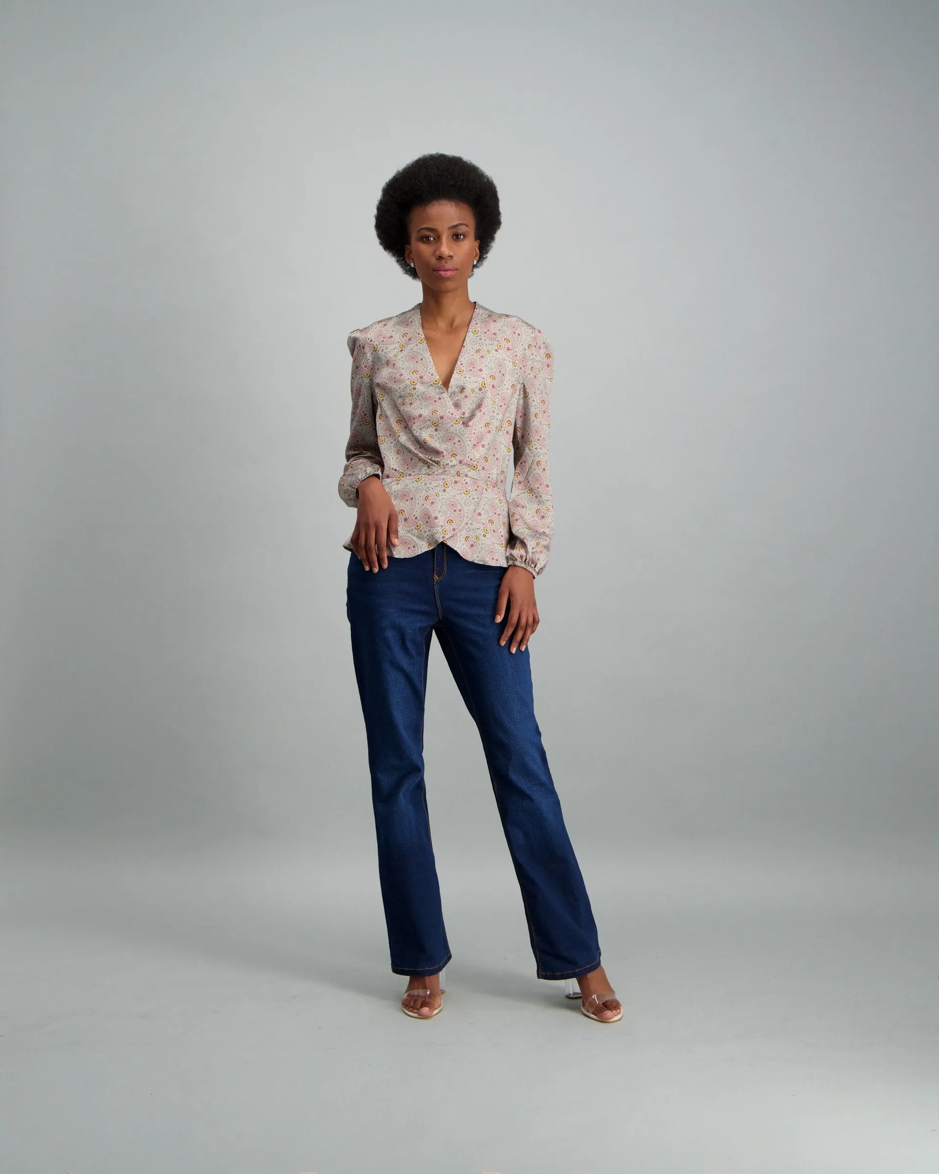 Ladies-Satin Wrap Blouse  - Grey