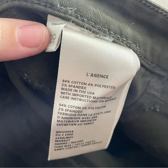 L’AGENCE Margot Skinny High Rise Jeans Olive Green Size 29 Stretch Denim
