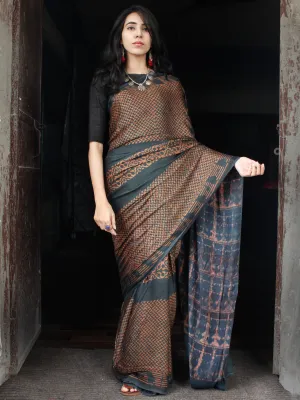 Lead Black Rust Ajrakh Hand Block Printed Modal Silk Saree in Natural Colors - S031703512