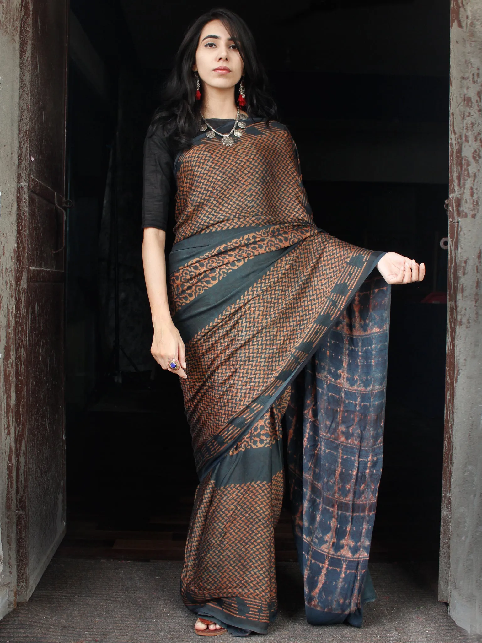 Lead Black Rust Ajrakh Hand Block Printed Modal Silk Saree in Natural Colors - S031703512