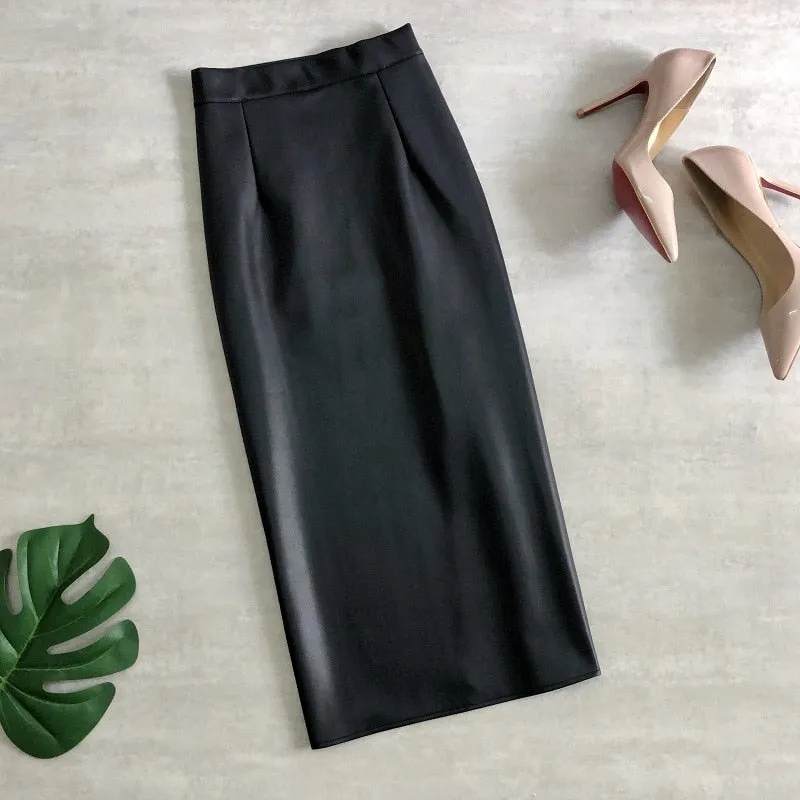 Leather Midi Skirts Pencil Office Ladies High Waist Faux Skirt