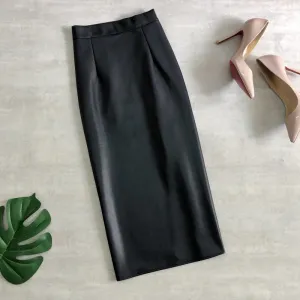 Leather Midi Skirts Pencil Office Ladies High Waist Faux Skirt