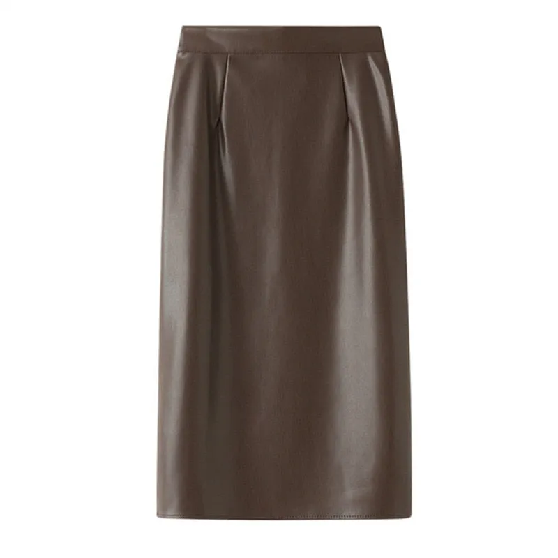 Leather Midi Skirts Pencil Office Ladies High Waist Faux Skirt