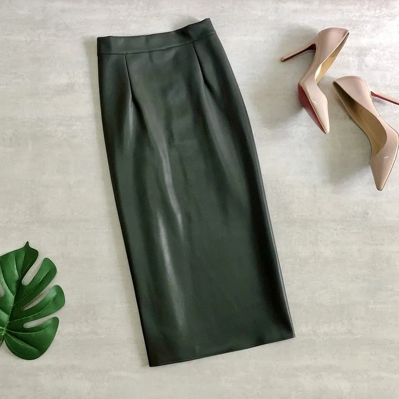 Leather Midi Skirts Pencil Office Ladies High Waist Faux Skirt