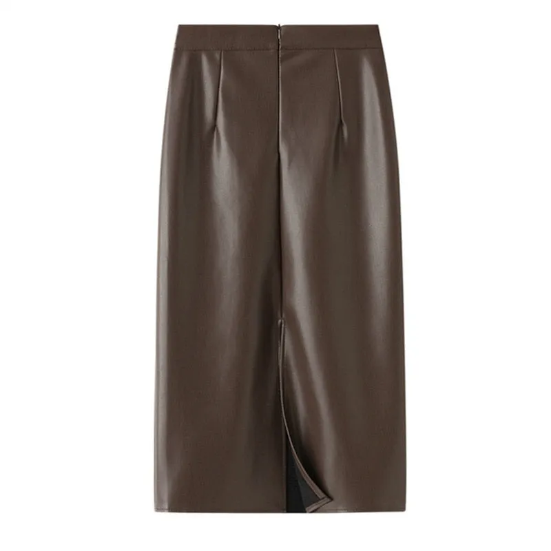 Leather Midi Skirts Pencil Office Ladies High Waist Faux Skirt