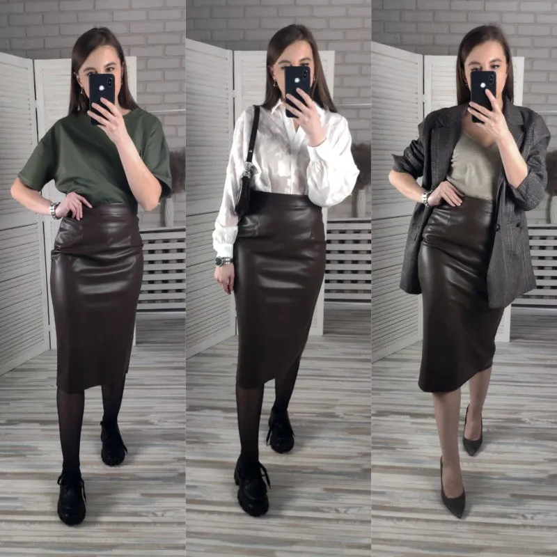 Leather Midi Skirts Pencil Office Ladies High Waist Faux Skirt