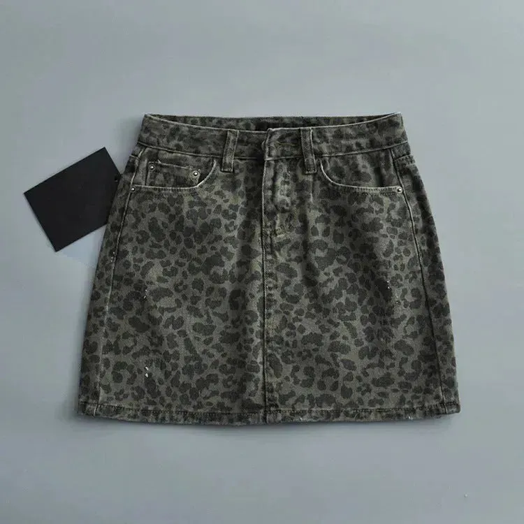 Leopard Print Mini Denim Skirt Women's High Waist Pencil Skirt