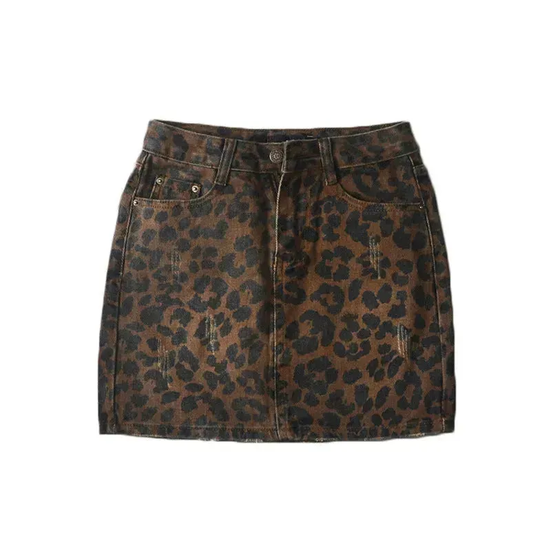 Leopard Print Mini Denim Skirt Women's High Waist Pencil Skirt
