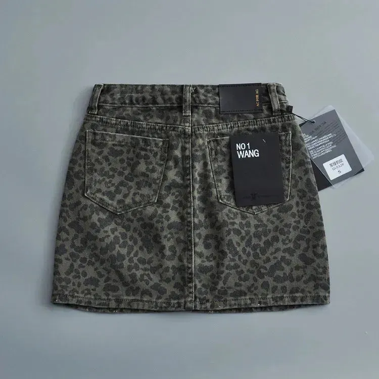 Leopard Print Mini Denim Skirt Women's High Waist Pencil Skirt
