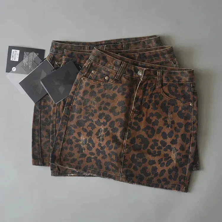 Leopard Print Mini Denim Skirt Women's High Waist Pencil Skirt