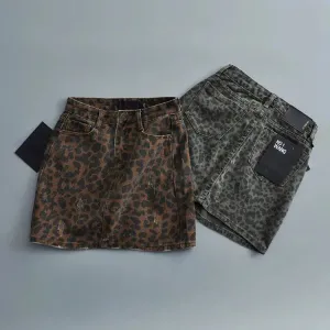 Leopard Print Mini Denim Skirt Women's High Waist Pencil Skirt