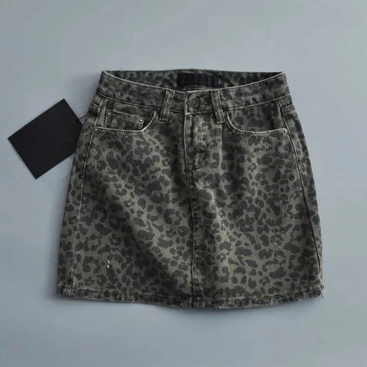 Leopard Print Mini Denim Skirt Women's High Waist Pencil Skirt