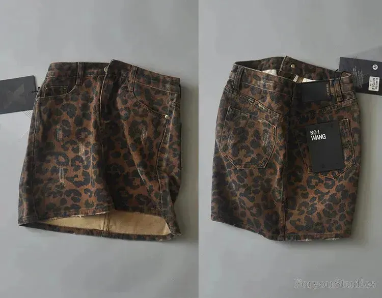 Leopard Print Mini Denim Skirt Women's High Waist Pencil Skirt