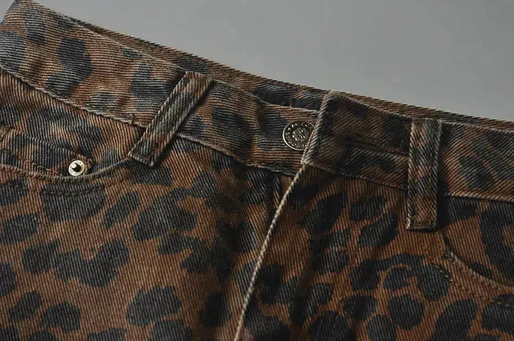 Leopard Print Mini Denim Skirt Women's High Waist Pencil Skirt