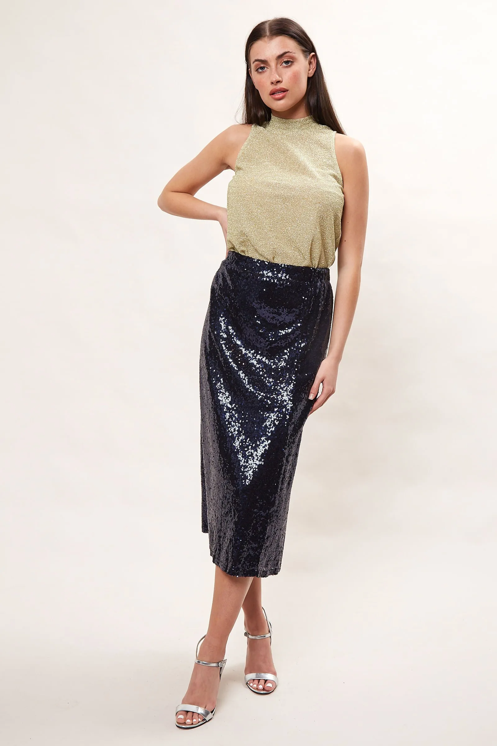 Louche Saro Sequin Midi Skirt  - Navy