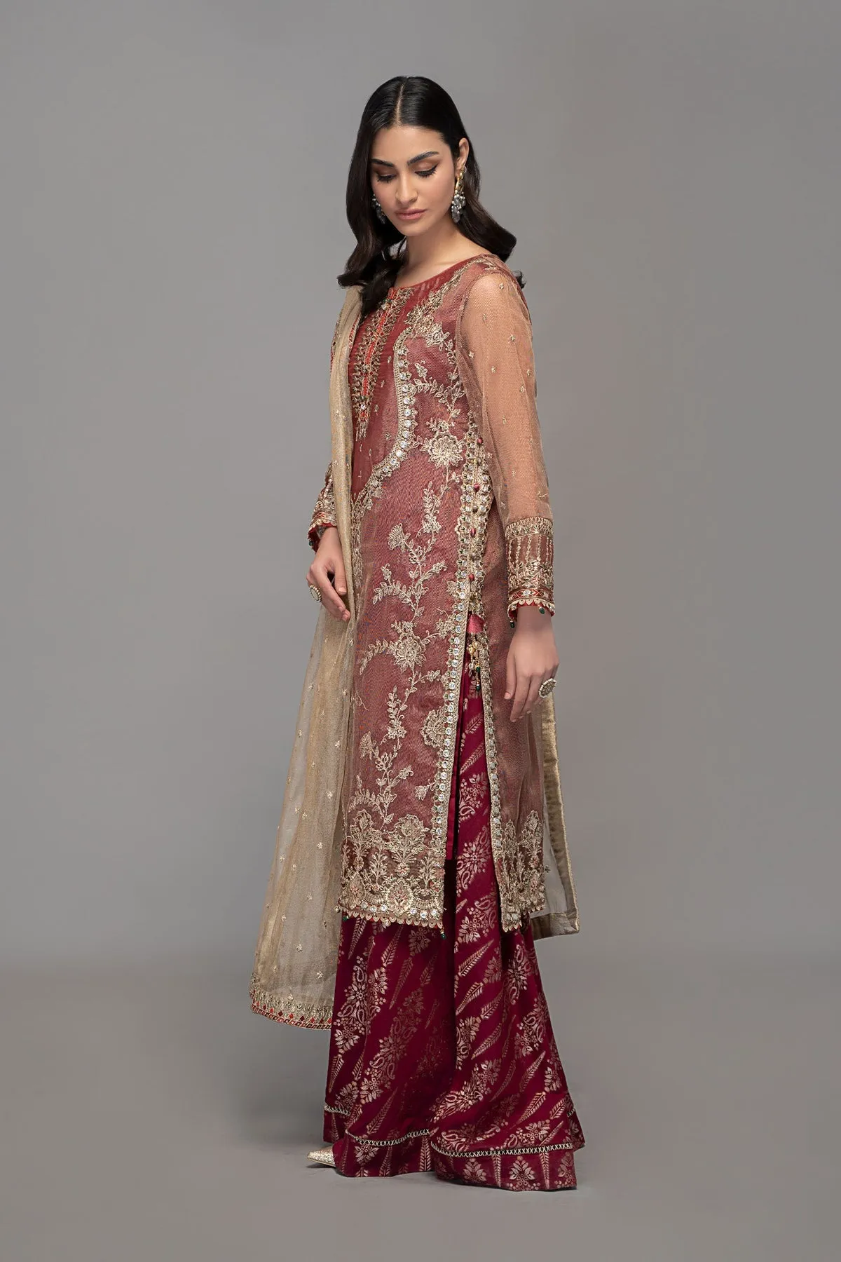 Maria B Maroon Net Embroidered Pakistani Kameez Salwar Party Wear