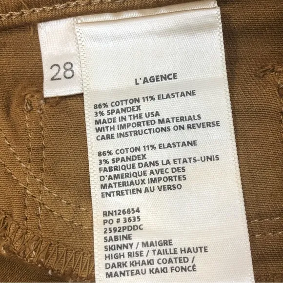 New L’AGENCE Sabine Skinny High Rise Jeans Dark Khaki Coated