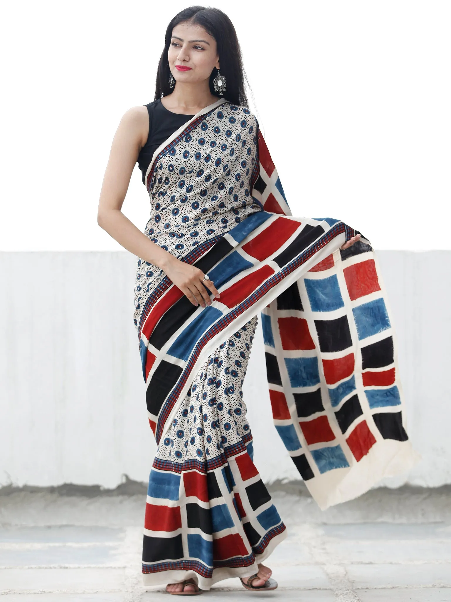 Off White Black Indigo Red Ajrakh Hand Block Printed Modal Silk Saree in Natural Colors - S031703699