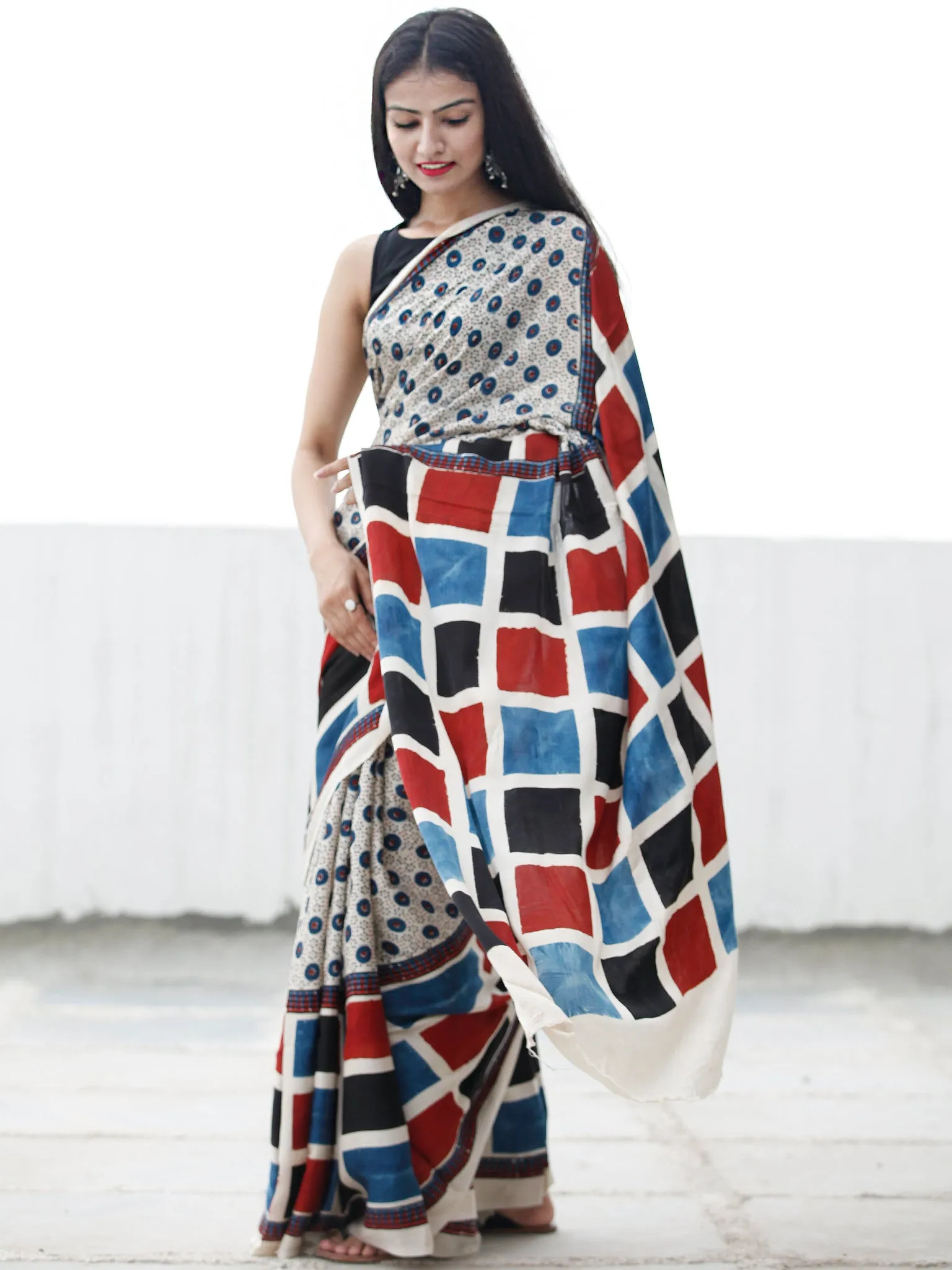 Off White Black Indigo Red Ajrakh Hand Block Printed Modal Silk Saree in Natural Colors - S031703699