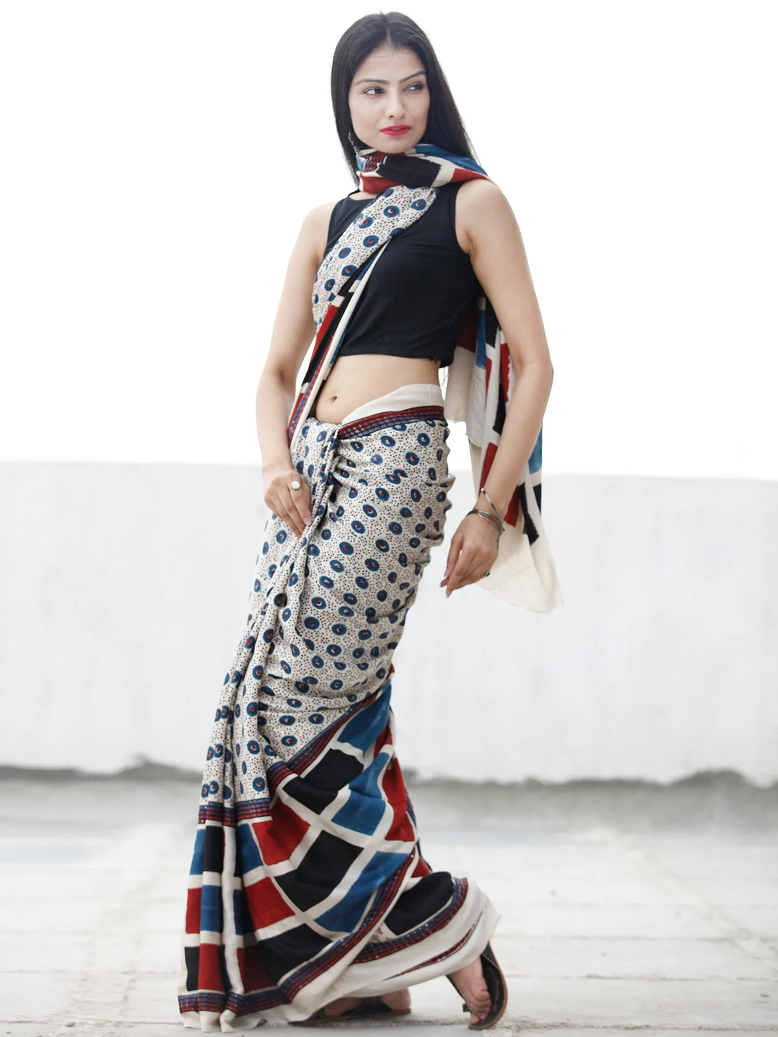 Off White Black Indigo Red Ajrakh Hand Block Printed Modal Silk Saree in Natural Colors - S031703699